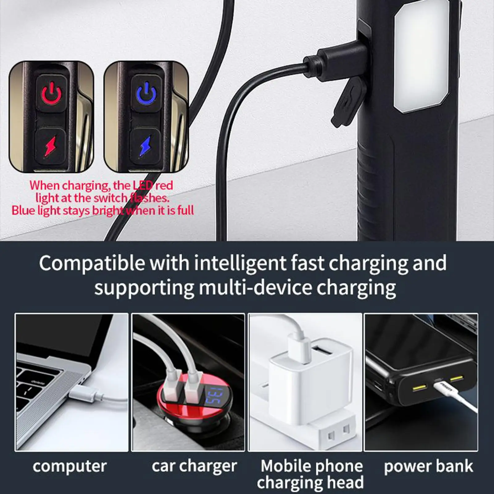 

Магнитный фонарик, светодиодный рабочий фонарик, портативный фонарик с зарядкой через USB, лампа с зуммером, яркий ночник для пеших прогулок, выживания