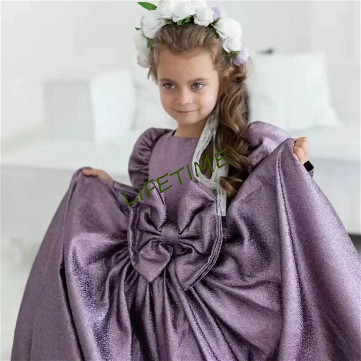 Robe de soirée violette à fleurs pour filles, élégante, manches longues, nœud papillon, mariage, fête d'anniversaire, robes de spectacle de piano, 2022