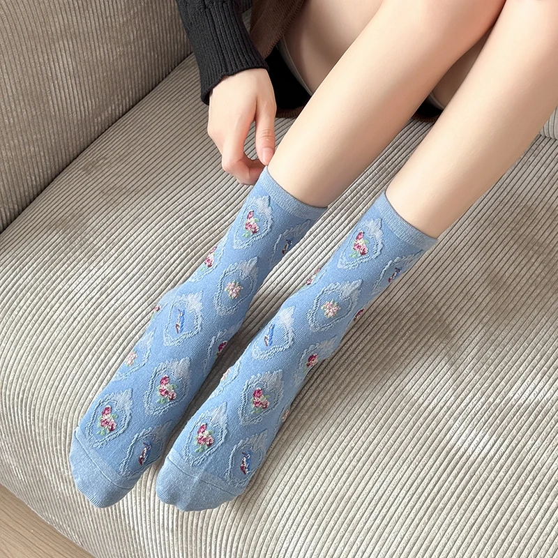 Flower Socks For Women New Autumn Fashion Casual Crew Socks Long Korean Style Casual Novelties Socks Breathable Cotton Comfort