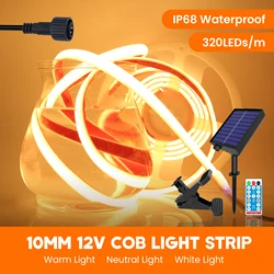 Tira de luces LED solares para exteriores, cinta COB impermeable IP68, 12V, 320LED/m, cinta Flexible de alta densidad, guirnalda de luces LED solares