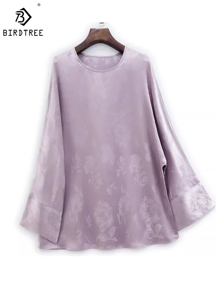 Birdtree 22MM Mulberry Silk Elegant Large T-Shirt Women's Round Collar Loose Long Sleeve Fashion Tee Autumn New Tops T30370QM