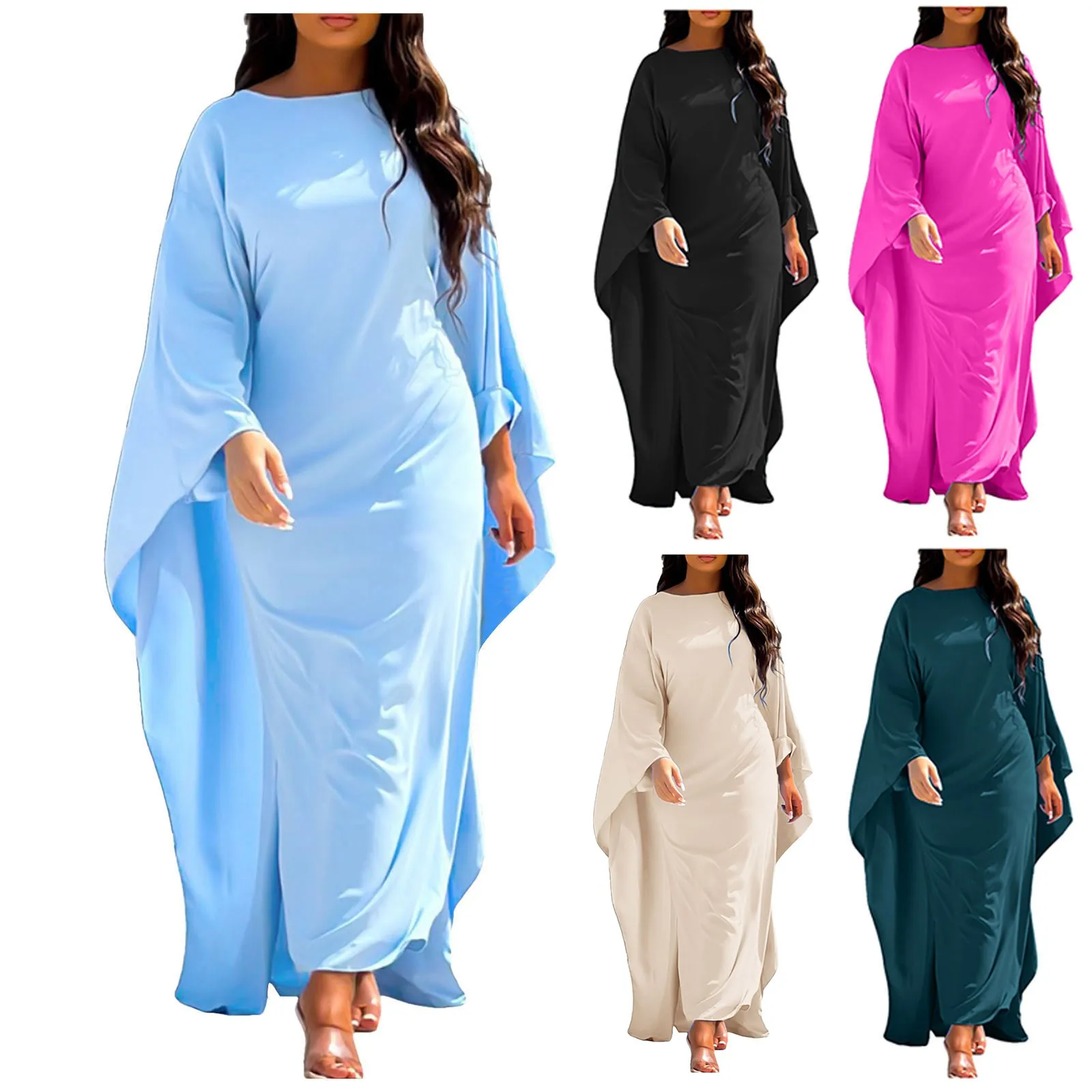 

2024 Fashion Satin Party Dress Robe Abaya Muslim Women Elegant Solid Round Neck Bat Sleeves Loose Maxi Dress Women