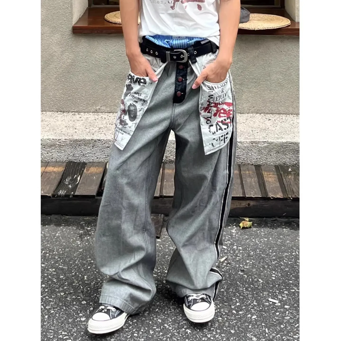 

Retro American Wide Leg Denim Jeans Men Women Casual Loose Color Block Pocket Design Youth Fashion Polyester Fiber Jeans