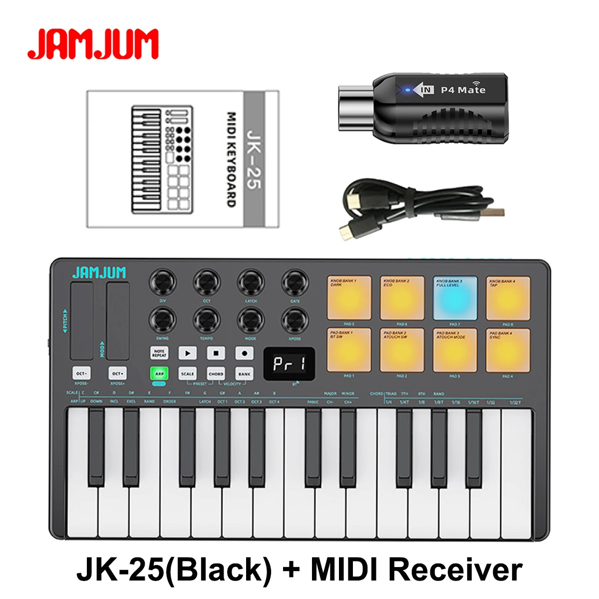 JAMJUM JK-25 Wireless MIDI Keyboard – Black Edition, 25 Velocity Keys, 8 Knobs, Bluetooth/USB, for PC/Mac/iOS/Android