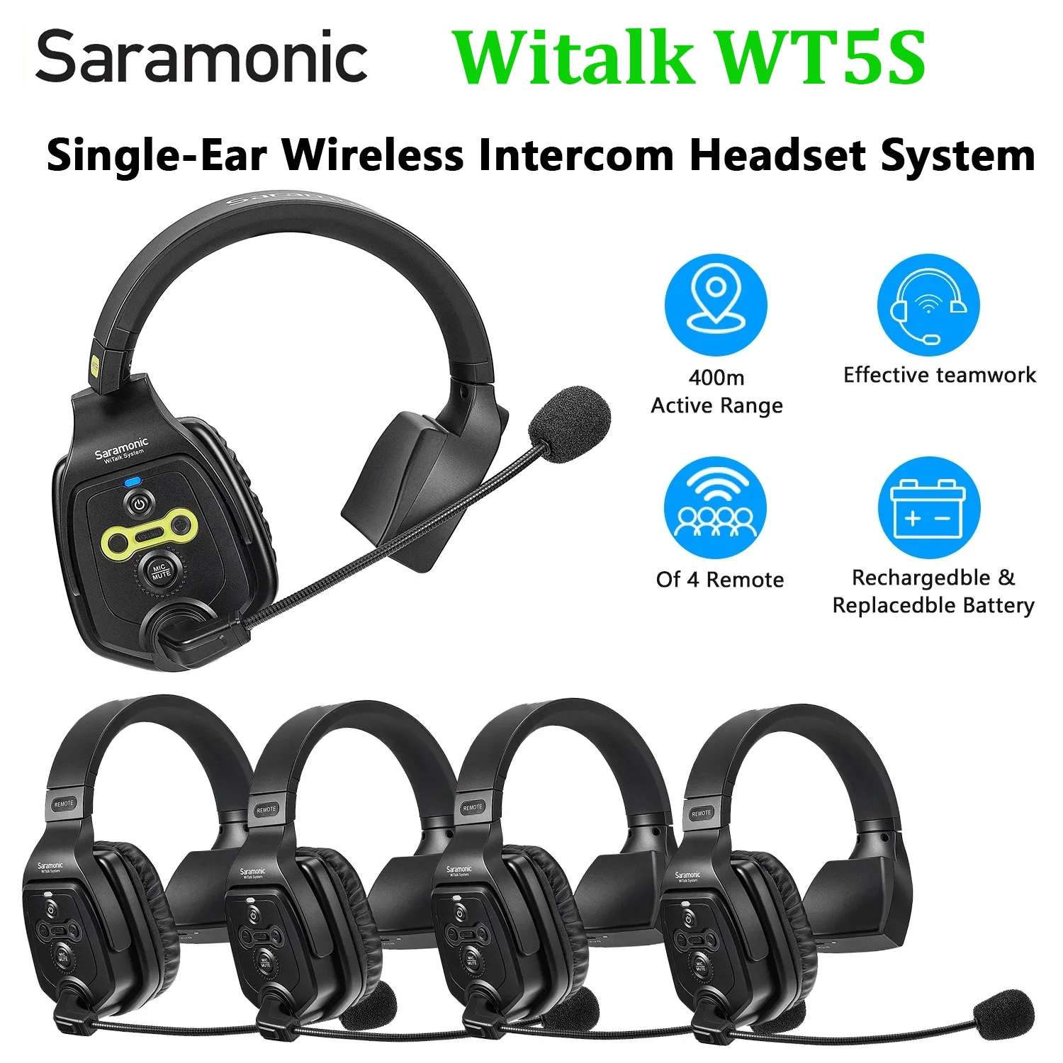 

Saramonic Witalk WT5S Full-Duplex Wireless Intercom Communication Headset System for Drone Shooting TV Film Production Teamwork