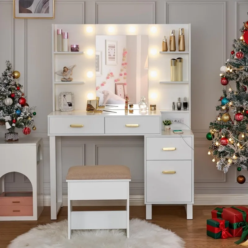 Makeup Vanity Desk Vanity Set with 10 LED Bulbs Lighted Mirror Makeup Vanity Table Set with Charging Station Nightstand image 2