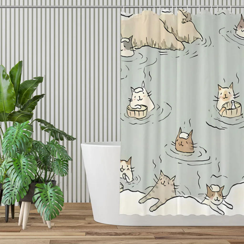 Cat Onsen Bathroom Shower Curtains Waterproof Partition Creative Home Decor Bathroom Accessories