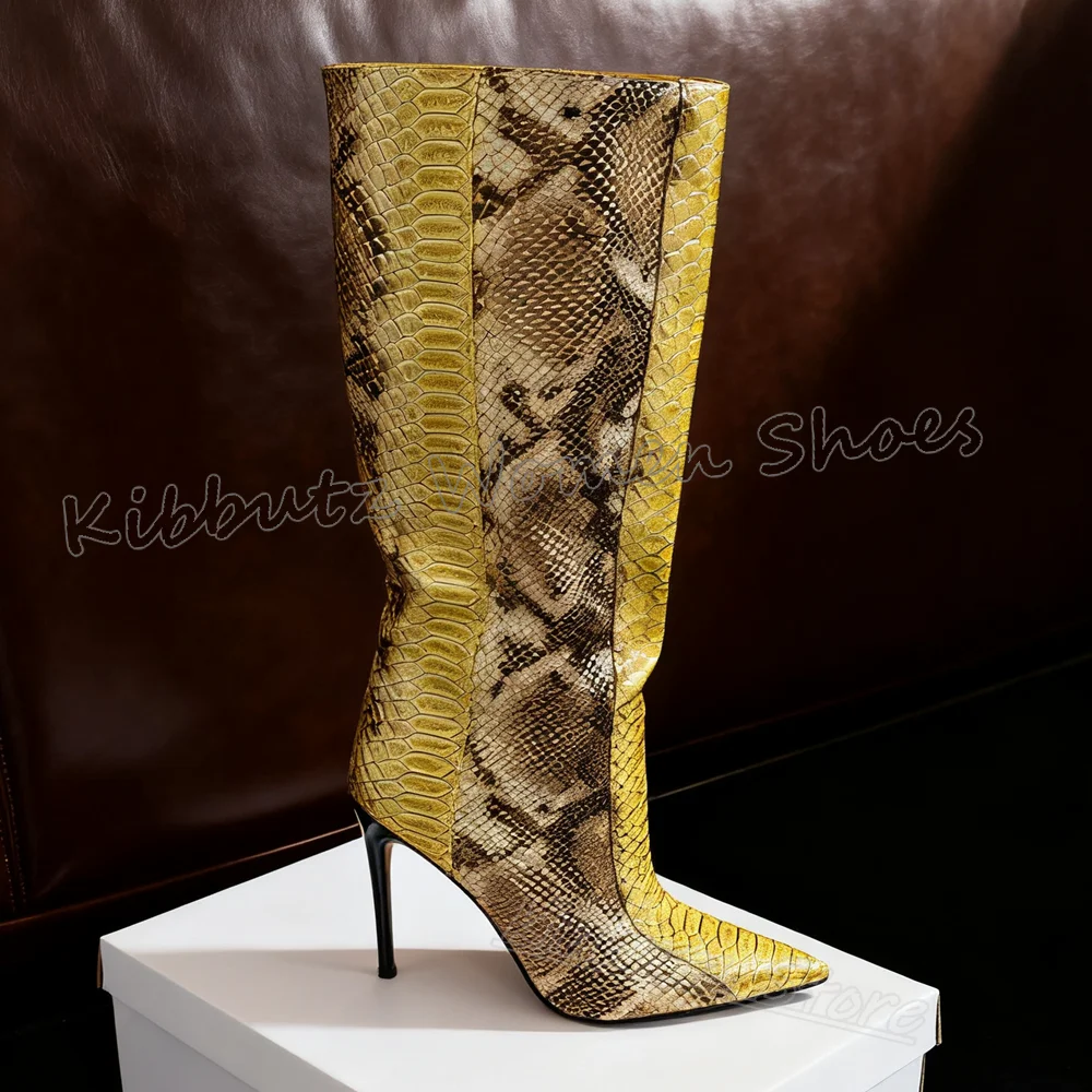 

Knee High Boots Snake Print Spicy Girls Shoes Slip-On Pointy Thin High Heels Fashion Luxury Elegant Concise Leather Shoes Newest