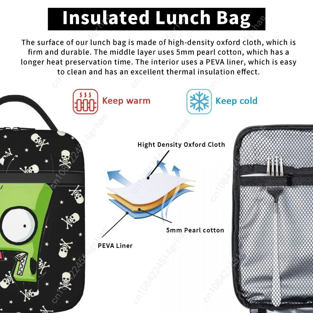 Invadered Anime Cartoon Z-Zim Thermal Insulated Lunch Bags for School Reusable Food Container Bags Cooler Thermal Lunch Boxes