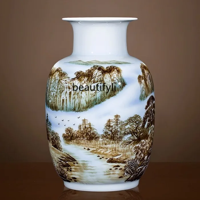 Ceramic Vase Artificial Hand-Painted Living Room Curio Shelves Decoration Chinese Pastel Landscape Painting