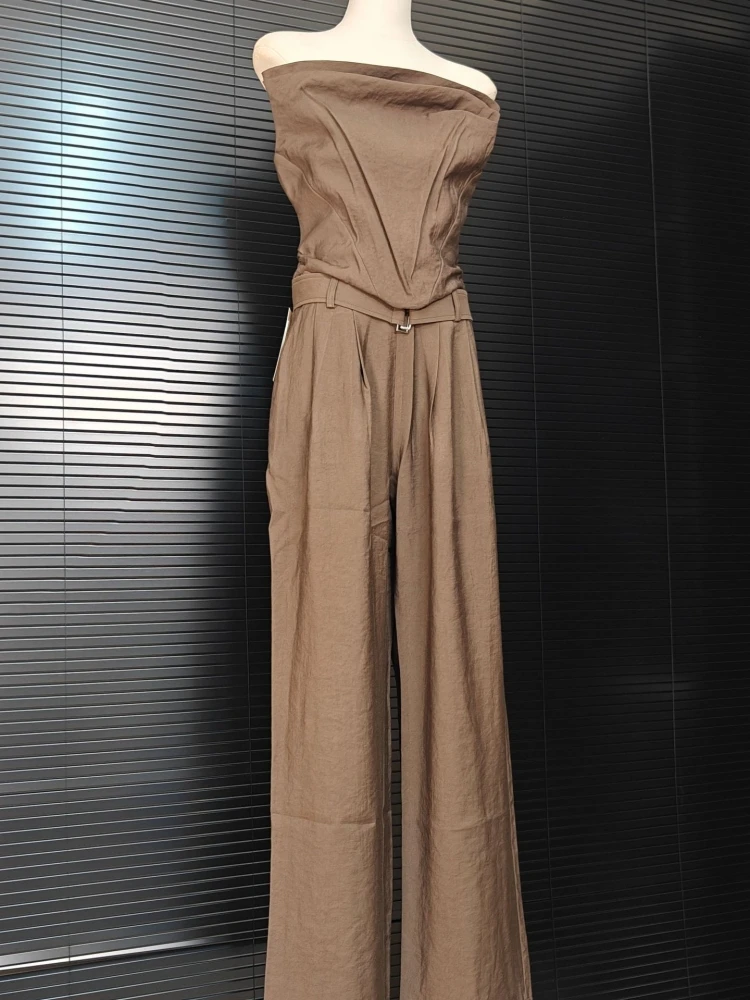 Spodnie damskie Dwuczęściowe zestawy Seksowny brązowy drapowany gorset bez ramiączek Top + spodnie Garnitury Spodnie Party Wieczór Celebrity Set