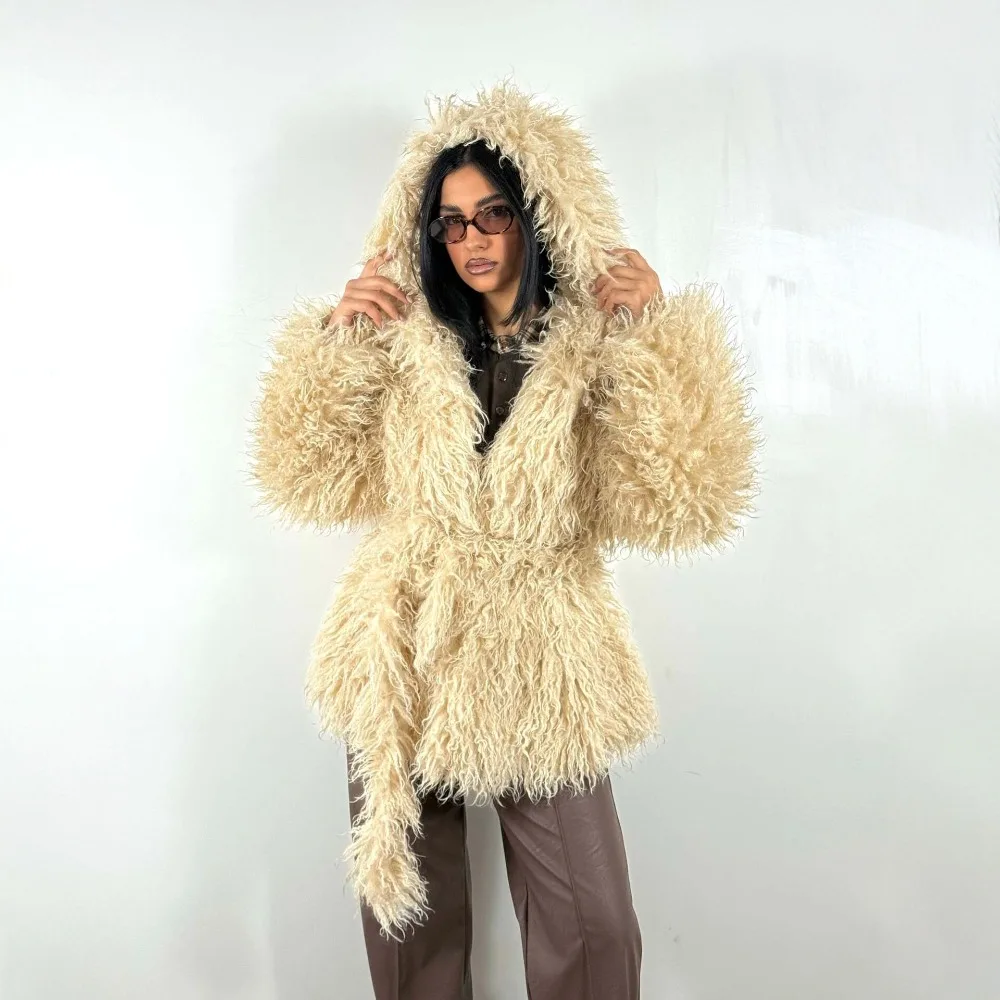 Gentle Wind Imitation Beach Wool Hooded Fur Coat Autumn and Winter Women's Trend Loose Thick Warm Belt Curly Woolen Woolen Coat