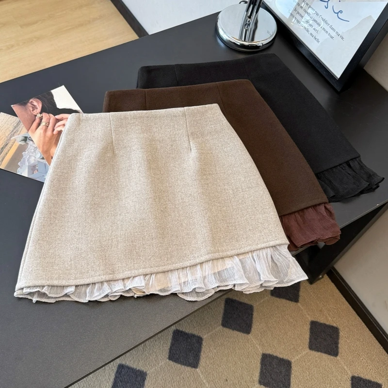 

Женская осенне-зимняя элегантная шифоновая лоскутная короткая юбка трапециевидной формы с рюшами, женская однотонная мини-юбка из шерсти и смеси