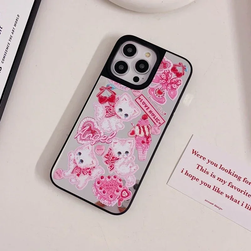 Pink Cat Mirror Surface Phone Case Cover for IPhone 11 12 13 14 15 16 Pro Max Case for IPhone 16 Pro Max
