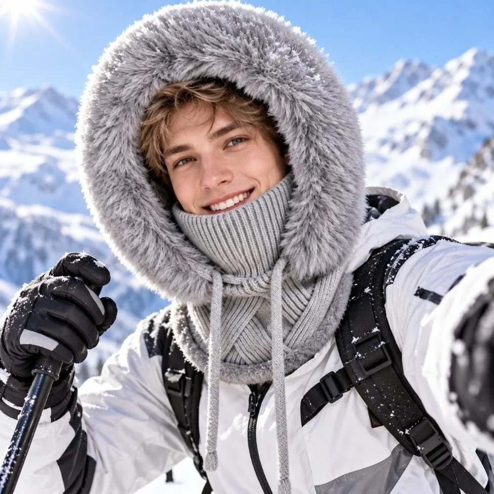 Fleece-Futter Gestrickte Sturmhaube mit Ohrenschutz Zopfmuster Winter-Beanie-Maske Dick und Warm mit Kordelzug-Verschluss – Detail 10
