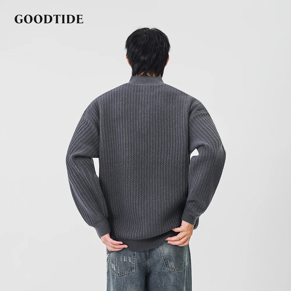 Fashion Men's Casual Mock Neck Sweater 2025 Winter New Waffle Knit Pullover Button Placket Soft Long Sleeve Jumper Top