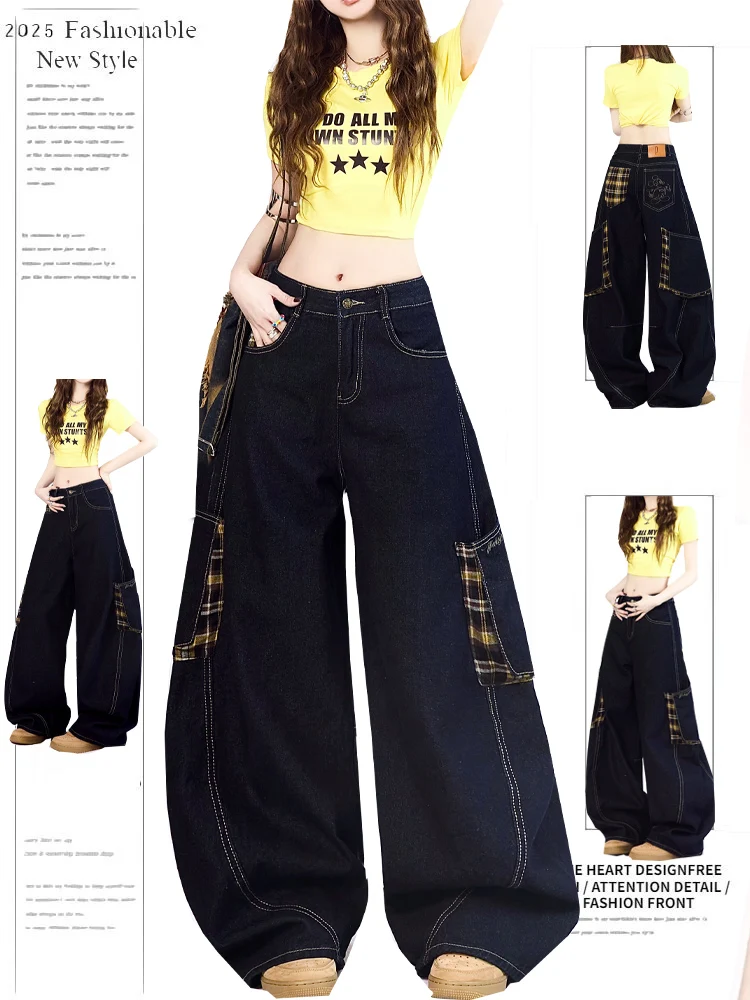 

American Design Multi-ket Work Pants Wide Leg Jeans Retro Print Fem Summer High Waist Long Pants Casual Wear Resistant