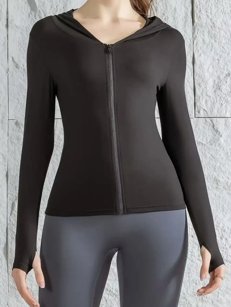 Summer High-Elastic Gym Sports Top for Women, Long-Sleeved Hooded Slim-Fit Zip-Up Cardigan, Tight-Fitting Running Wear, Yoga Jacket
