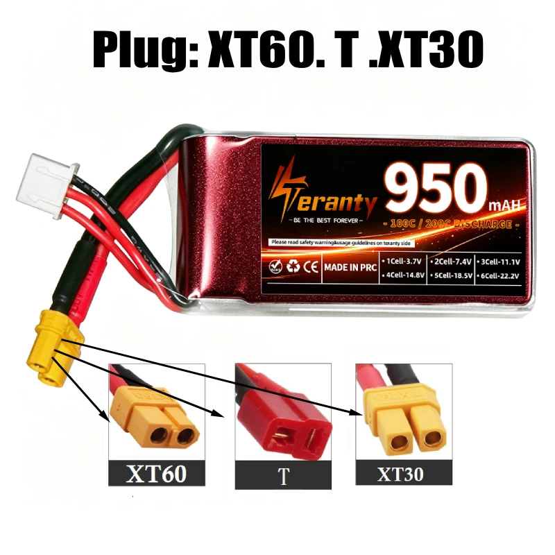 2PCS TERANTY 2/3/4/6S 7.4V 11.1V 14.8V 22.2V Lipo Battery 950mAh 100C With XT30 T XT60 Plug For FPV Cinewhoop RC Car Buggy Truck