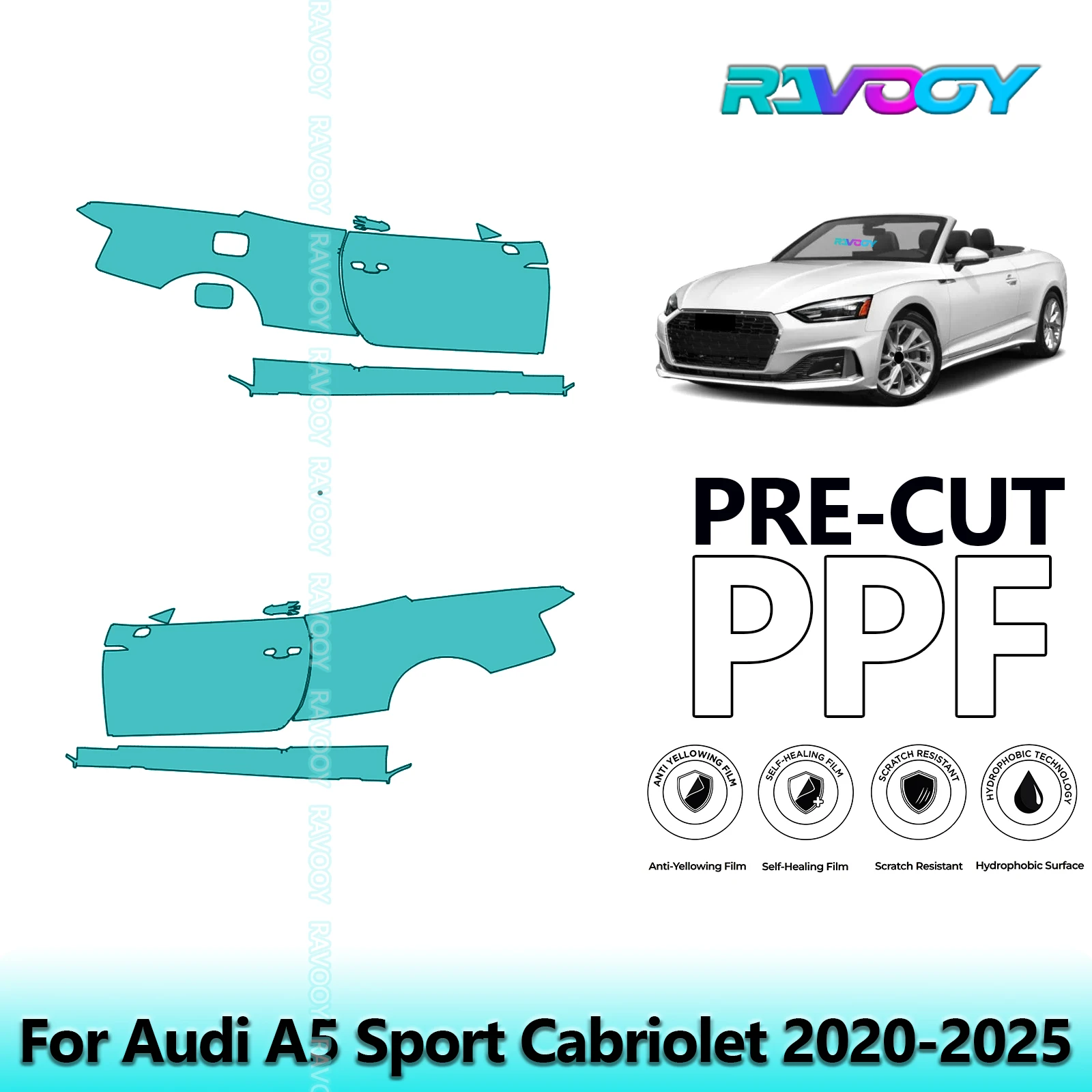 

For Audi A5 Sport Cabriolet 2020-2025 8.5mil Clear Matte Pre-Cut PPF Door & A/B Pillar Kit TPU Paint Protection Film Set