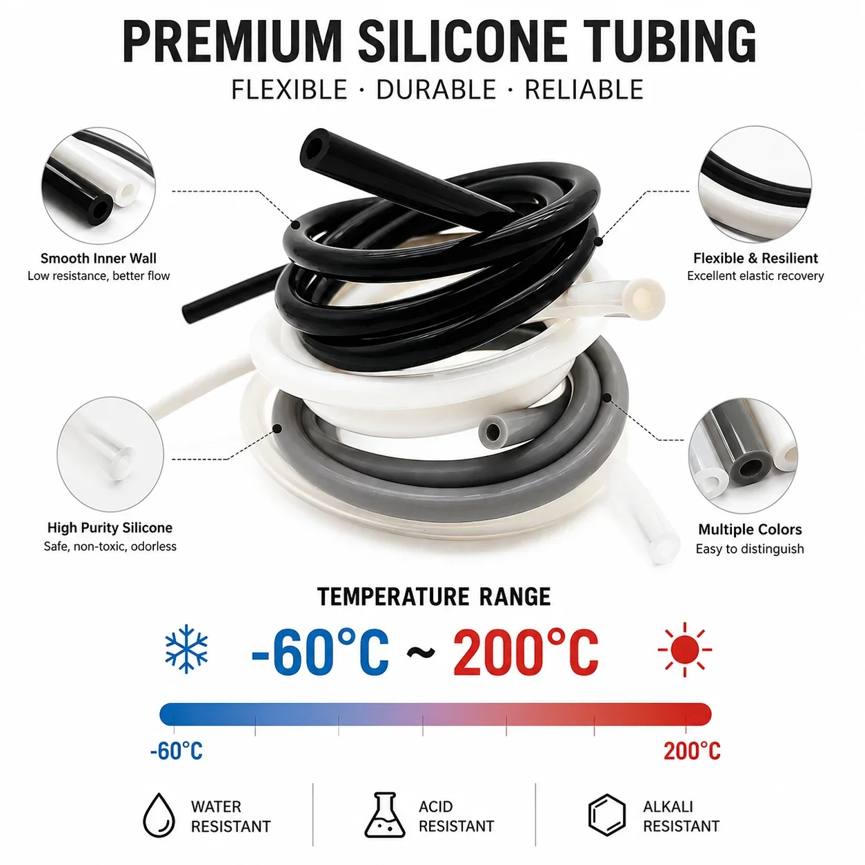 Food Grade Colored Silicone Tubing ID2-12mm High and Low Temperature Resistant for Beverage Straws and Laboratory Fluid Transfer