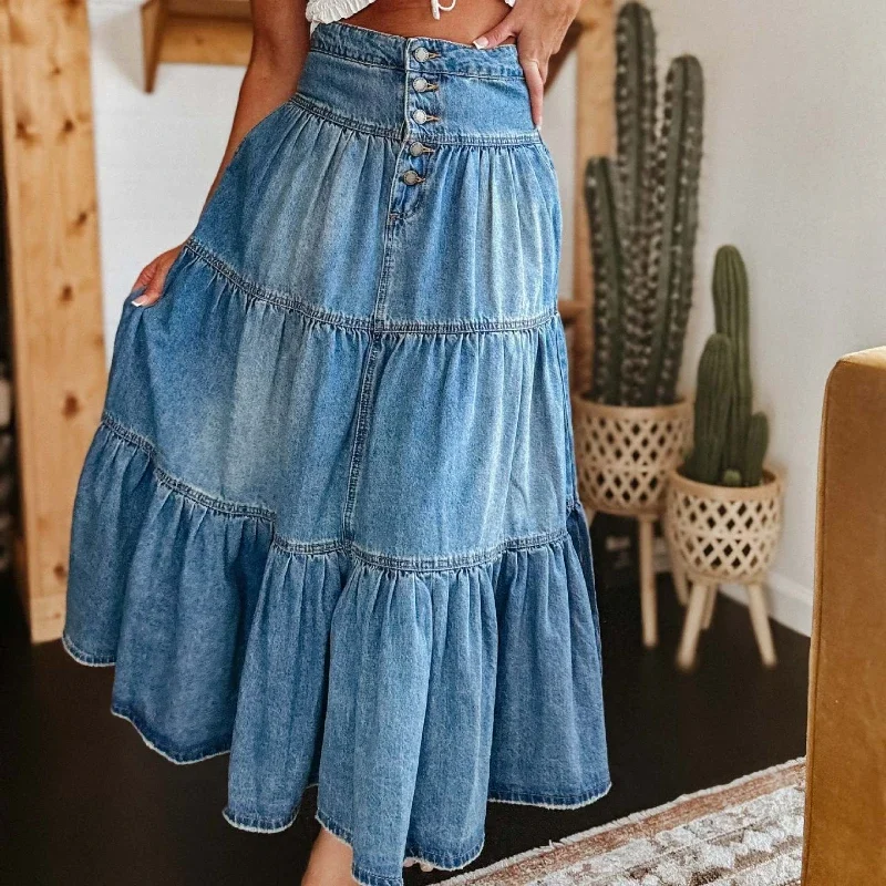 2025 Fashion Women's Boho Denim Skirts High Waist A-line Ruffled Pleated Skirt Layered Hippie Skirts Denim Blue Maxi Bottoms