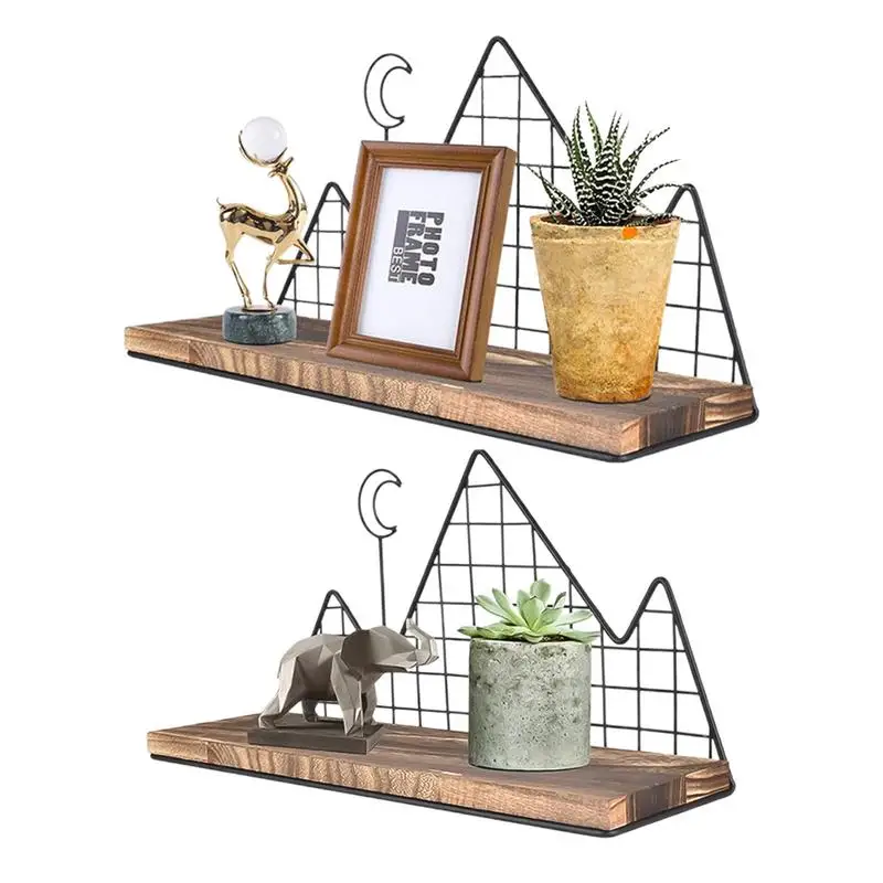 Geometric Wall Shelf Geometric Mountain Wood Rack Simple Wood Display Storage with Metal Wire Decorative Unique Landscape Decor