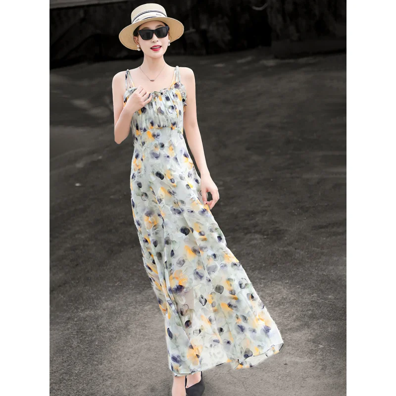 MEXCOCO 2026 Summer New French Style Holiday Dress Ruffle Print Spaghetti Strap Elegant Midi Dress