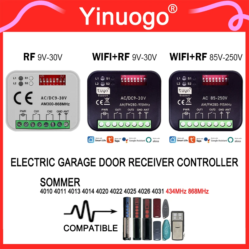 

TUYA RX-MULTI Garage Door Receiver 9-30V 85-250V 2CH For SOMMER 4020 TX03-868-4 4026 TX03-868-2 4035 TX02-868-2 4031 4025 4011