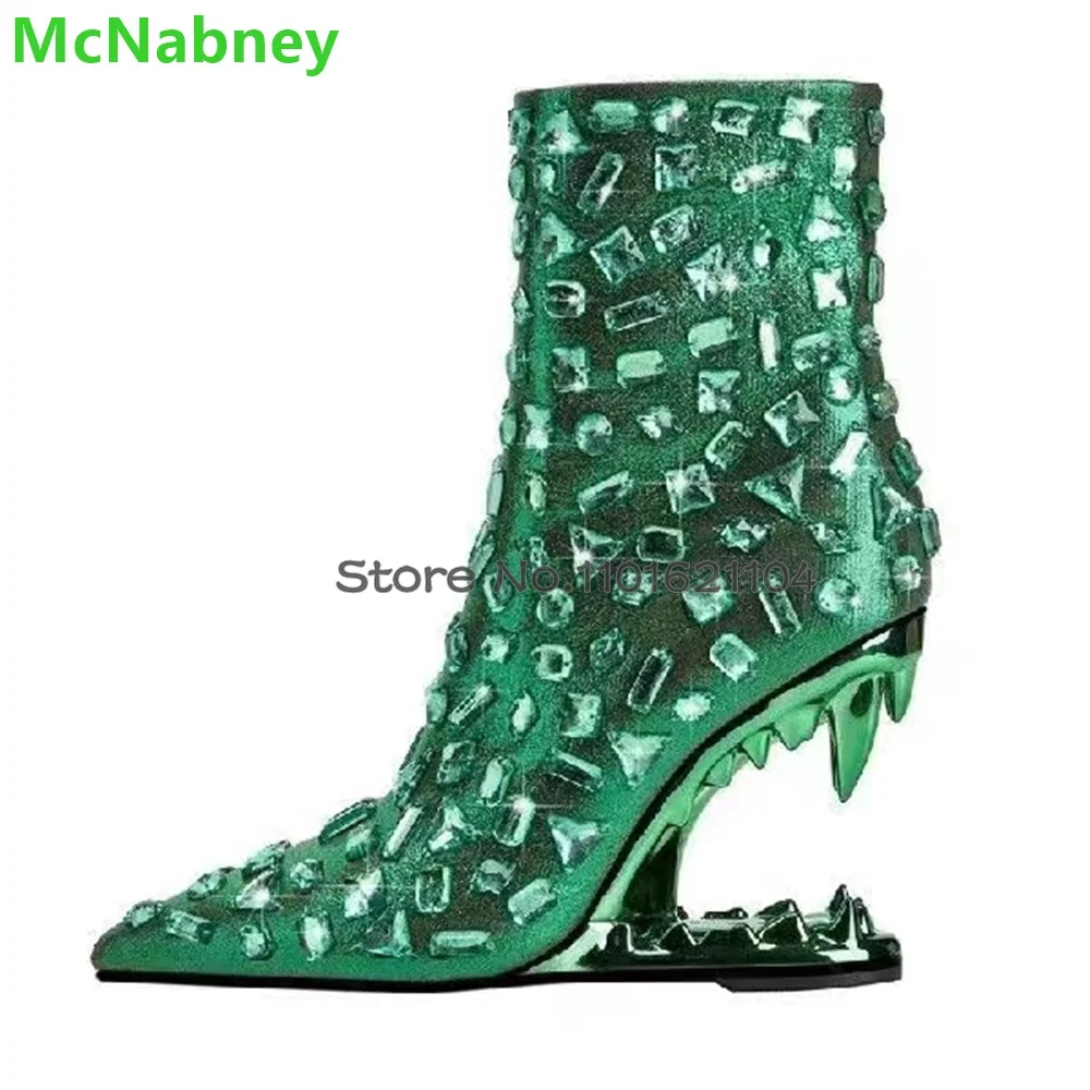 

Crystal Strange Tooth Heel Boots For Female Women Rhinestone Pointed Toe Luxury Design Ankle High Fashion Runway Elegant Shoes