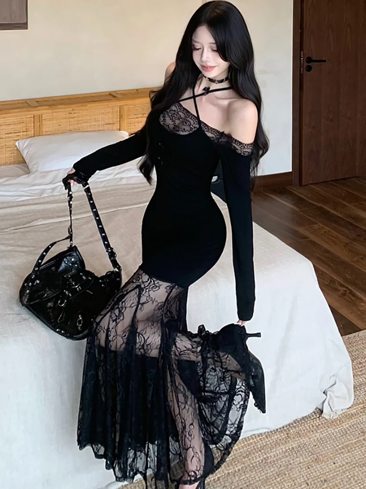 2025 Black Patchwork Lace Sheer Sexy Ruffled Long Dress Women Elegant Chic Neck-mounted Dress Autumn Korean Bodycon Party Dress