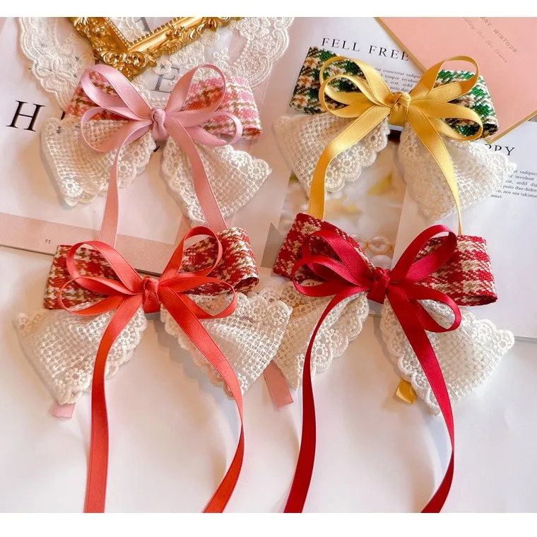 

Plaid Hair Bow Velvet Lace Clip Non Pull Clips for Girls Hypoallergenic Winter Holiday Gift 3-10 Years