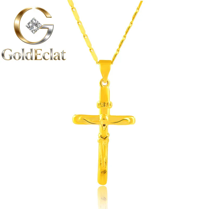 

GoldEclat Роскошное женское ожерелье с крестом из чистого золота 24K 9999 пробы, новинка