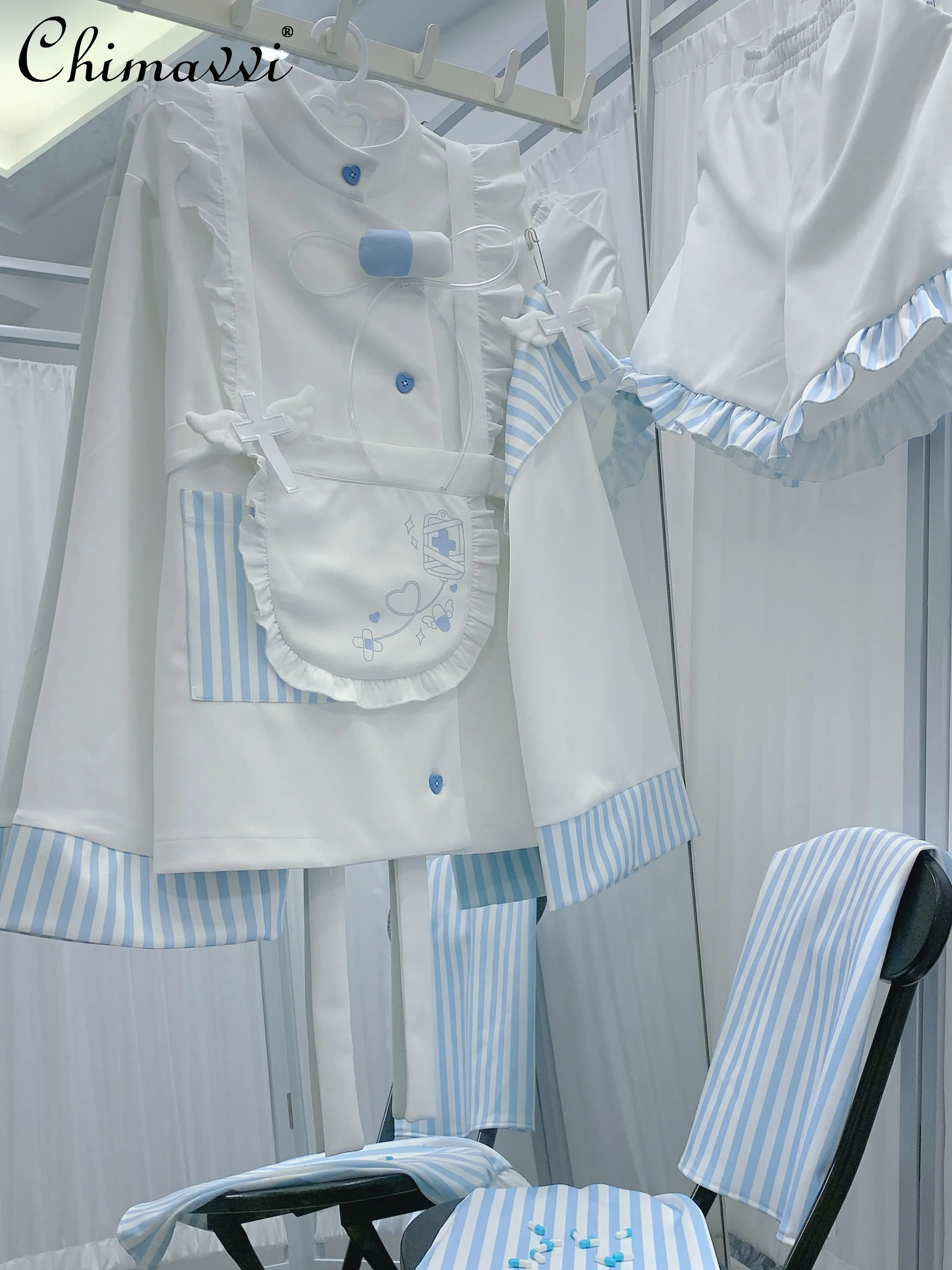 Original Mass-Produced Water Color Loose Coat Apron Girls Y2K Asian Culture Cute Medical Angel Wings Shorts Women's Set Outfits