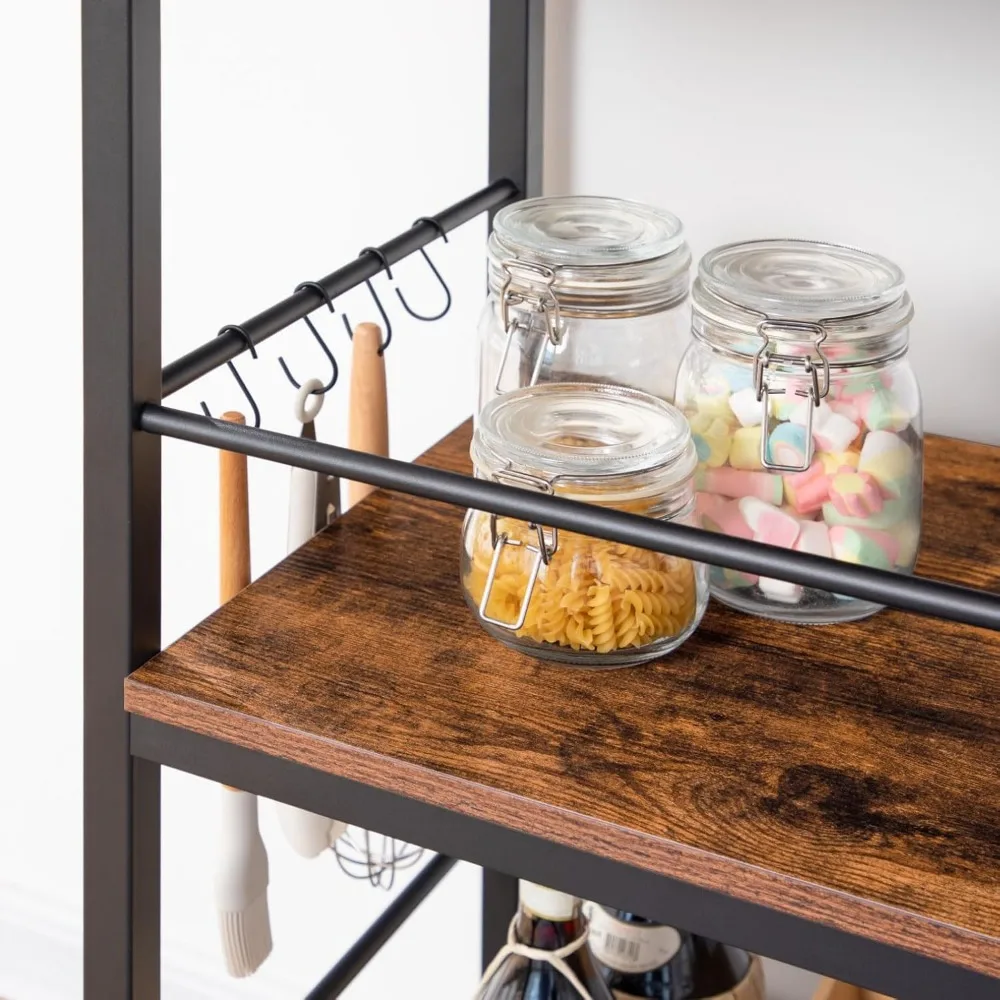 جزيرة مطبخ على الطراز الصناعي مع مساحة تخزين النبيذ وأرفف من 3 طبقات وخطافات وقضبان واقية