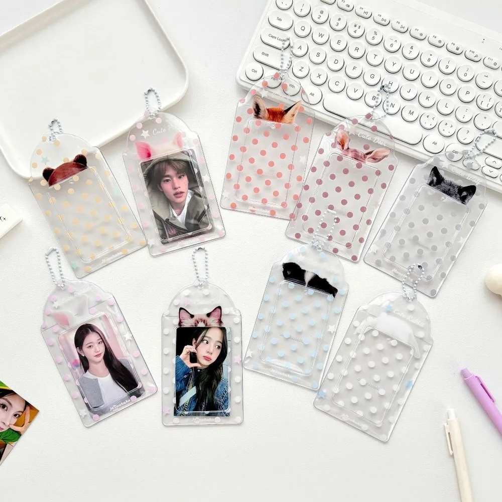 Kawaii PVC Photocard Holder Animal Ear Polka Dot Card Sleeve Transparent With Chain Photo Card Protector For ID Badge