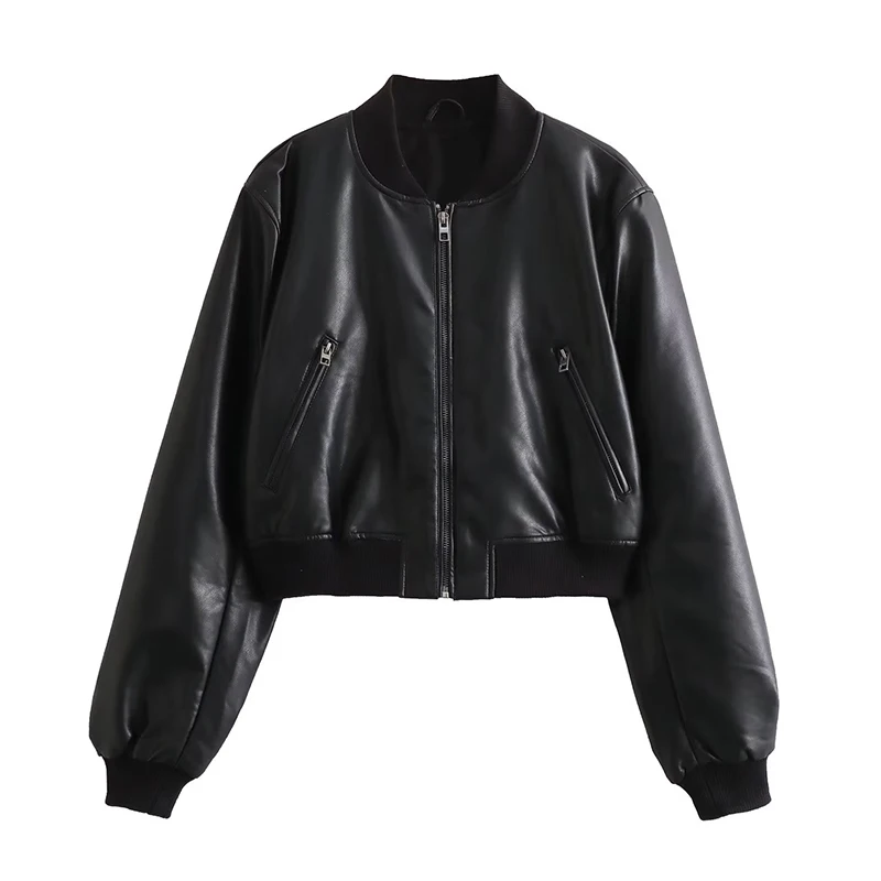 New Autumn Women Black Faux Leather Pilot Jacket Short Coat