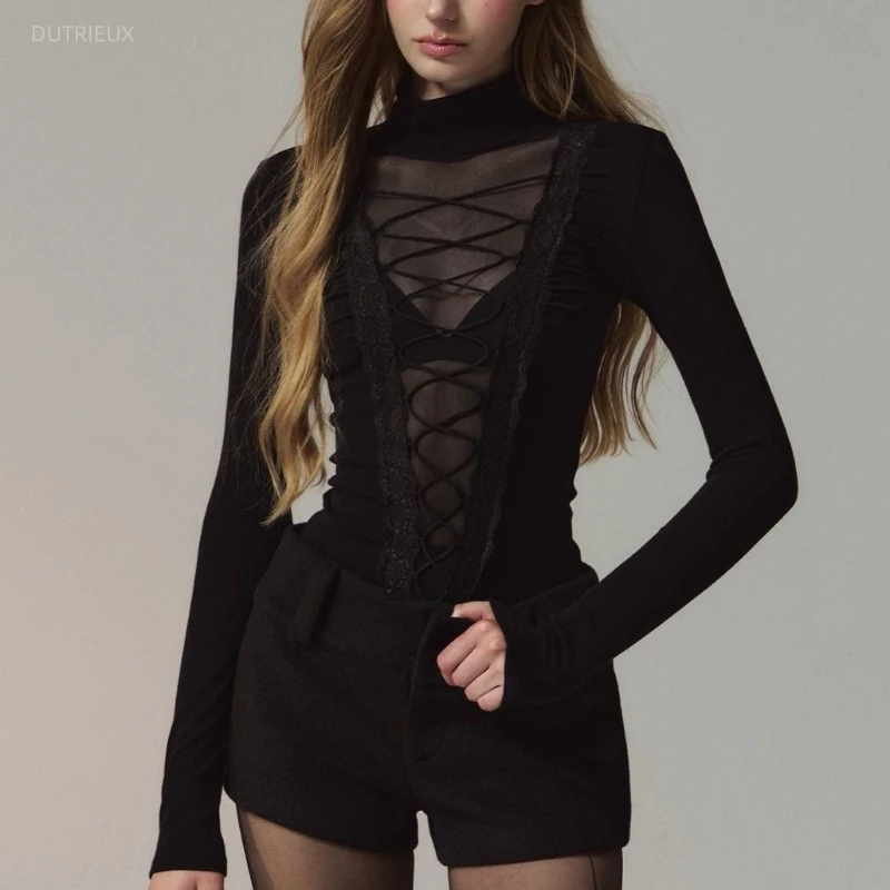 Spice Women Sexy Spliced V Lace Edge Mesh See-through Pullovers Harajuku Cross Design Basic Y2k Harajuku Punk High Street Top