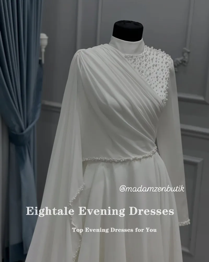 Eightale คําชุดแต่งงานคอลูกปัดแขนยาวที่กําหนดเอง A-Line ชีฟองมุสลิมชุดเจ้าสาว Vestido De Noiva