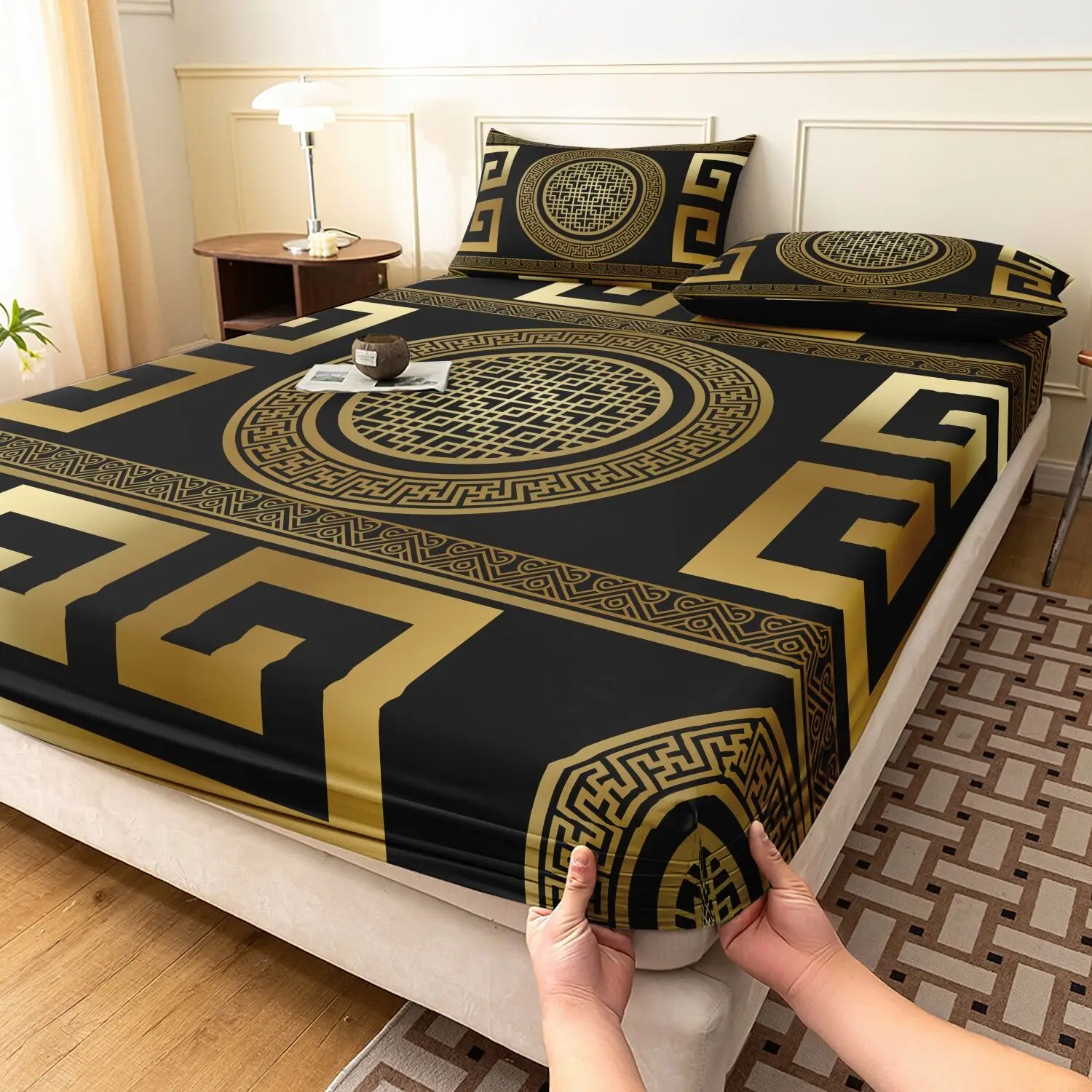 3 Pieces Black Gold Greek Key Geometric Fitted Sheet Set, Luxury Retro Circle Square Printed Bedding, Multiple Sizes Available