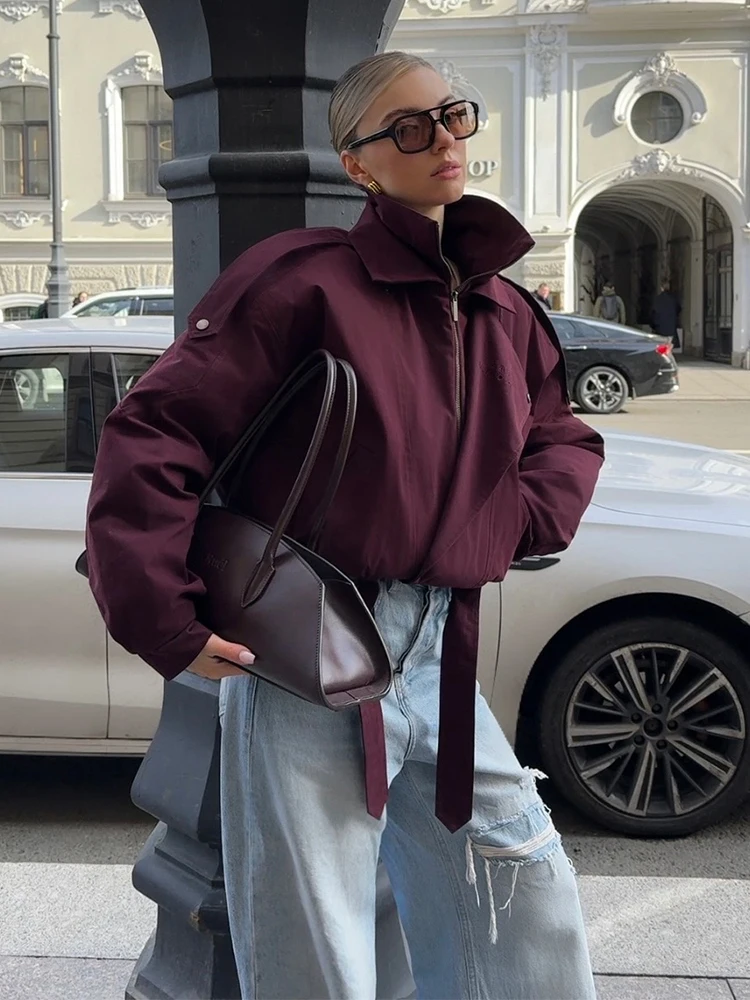 バーガンディレッド ジッパーボンバージャケット レディース カジュアル スタンドカラー 長袖 ポケット付き ショートコート 秋 レディース ストリート アウターウェア 2025年新作