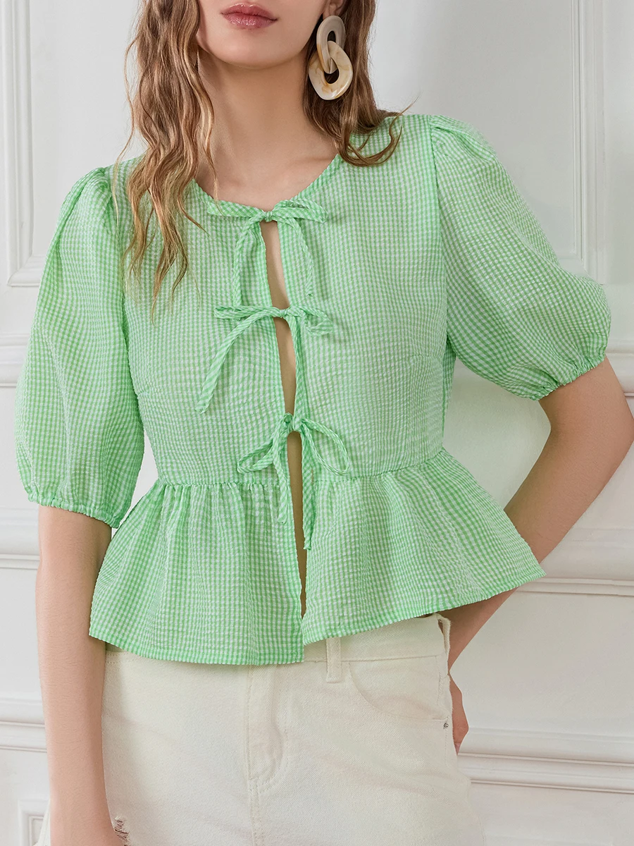 

Wsevypo стильные летние осенние женские рубашки с рукавом до локтя и круглым вырезом, блузки с открытой передней баской для уличной повседневной работы