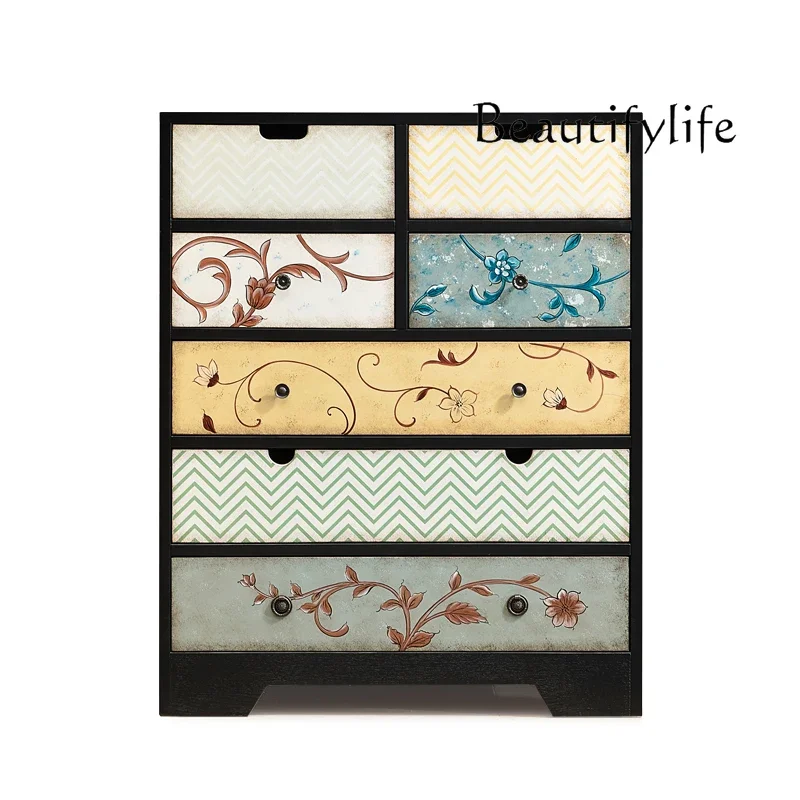 

American Country Chest of Drawers Solid Wood Vintage Living Room Storage Cabinet Painted European Style Chest of Drawers