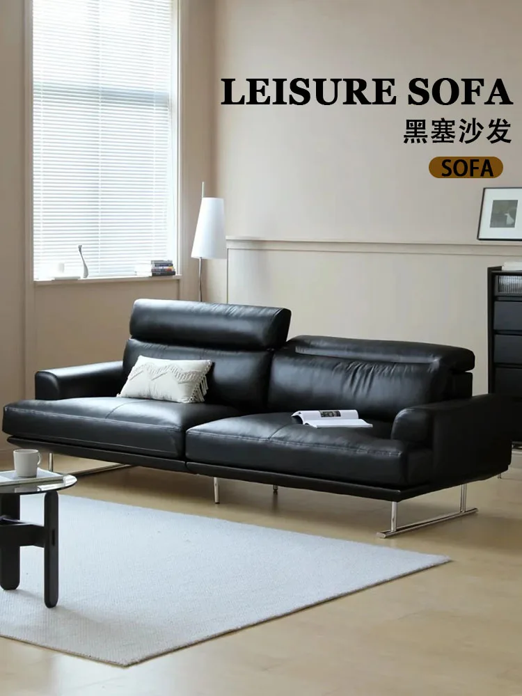 

Nordic leather sofa adjustable high backrest small apartment living room double black Bauhaus retro leather sofa