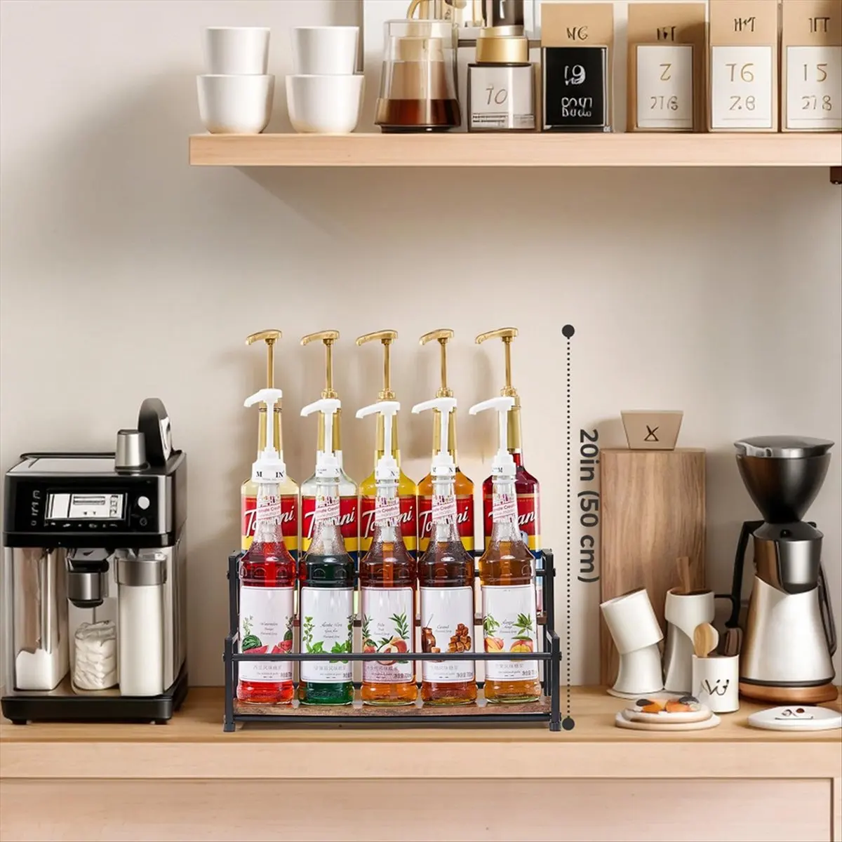 New Coffee Syrup Organizer, 2-Tier 6 Syrup Bottles Rack CoffeeBar, Liquor Bottle Display Shelf Holder for Syrup, Wine, Spice