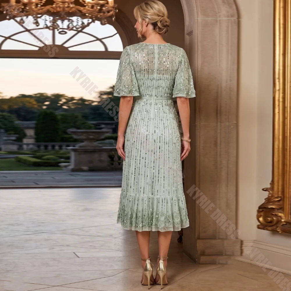 Customized Mother of The Bride Dresses Scoop Neck Short Sleeve Beading Sequined Applique Wedding Guest Gowns Party Evening Dress