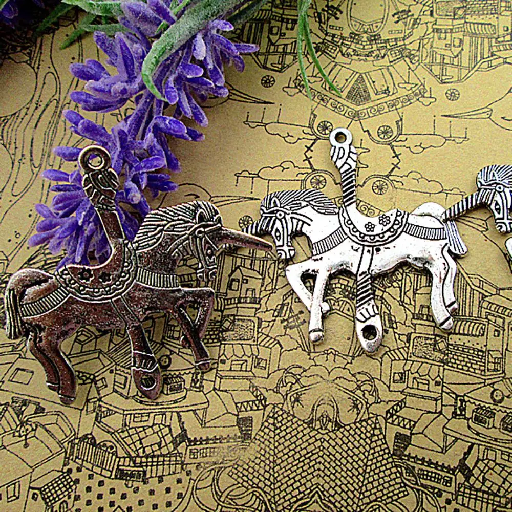 24pcs--45x43mm Carousel Horse Charms For Jewelry Making Diy Findings Antique Silver Color Alloy Pendants