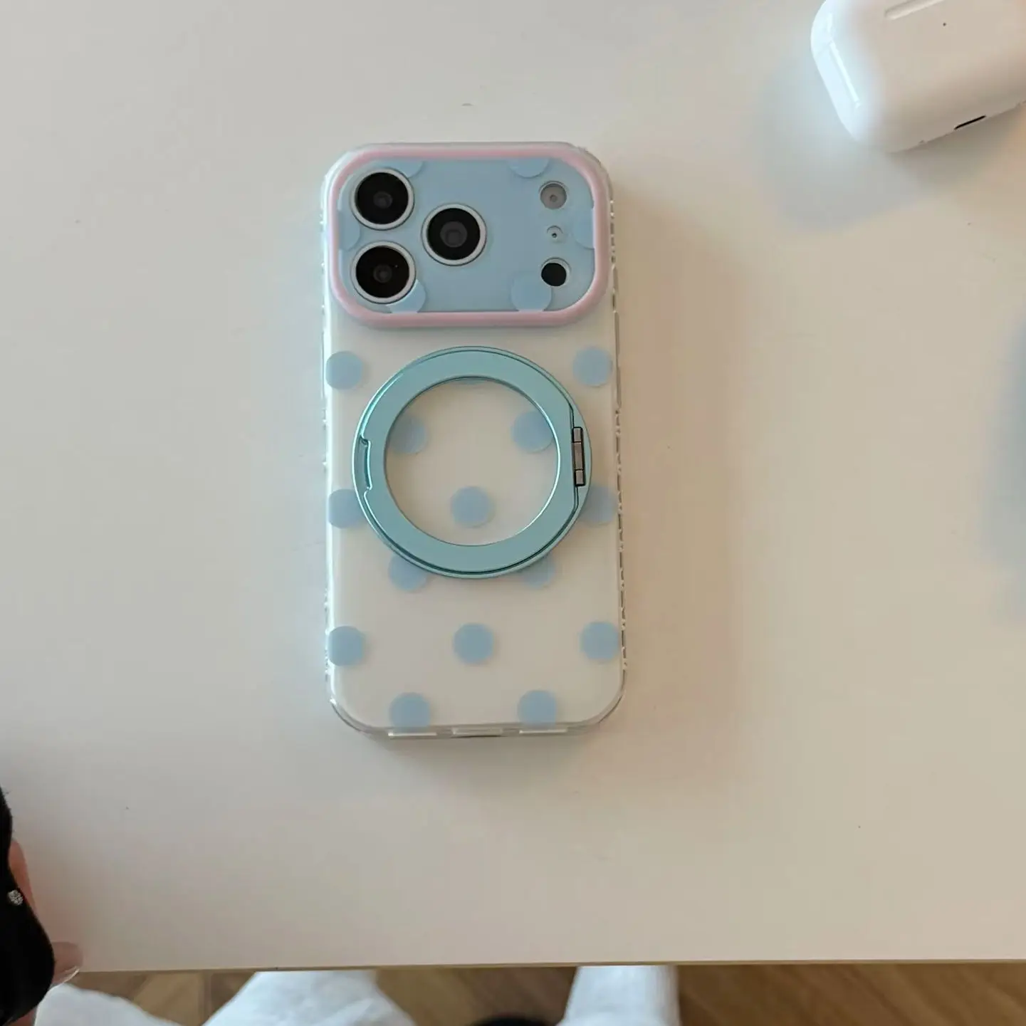 Fashion White Pink Blue Polka Dots Pattern White Purple Matte Cover Case For iPhone 17 16 15 Pro Max with 360° Rotation Holder view 6