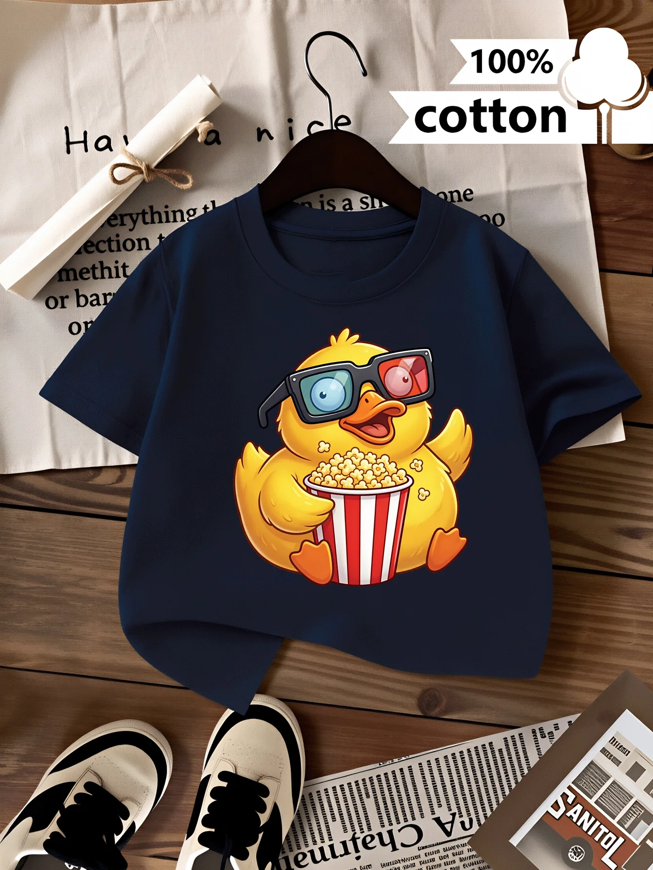 Duck Popcorn Short Sleeve T-shirt Summer Cotton Top Design Round Neck Casual Parent Child Daily Dressing