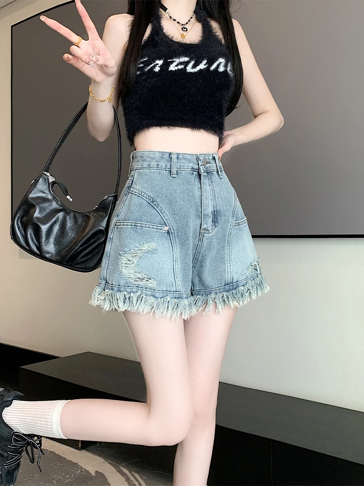 American Sle High Waist Loose Fit A-Line Denim orts Women's Summer Thin Wide Leg Jeans orts Tassel Frayed Casual Hot Pants